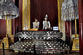 Myanmar - Mandalay, The Royal Palace statues of King Theebaw and his qeen, they claimed the throne after having 80 relatives beaten to death. 